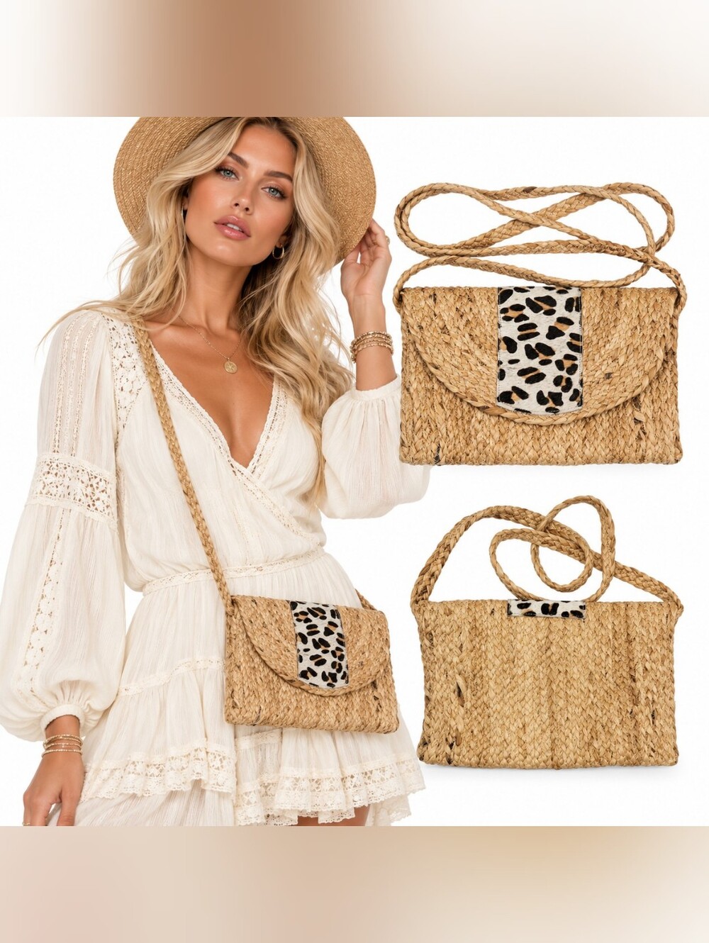 New Woven Jute Leopard Fur Crossbody Bag Boho Envelope Clutch Handmade in India